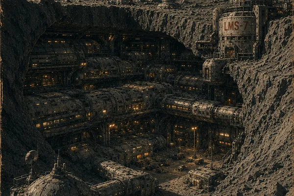 Exterior view of the mining base as a cluster of domes in a lunar crater
