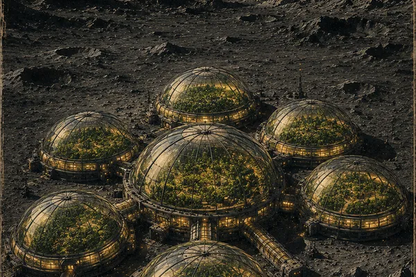 Exterior view of a greening research base as a cluster of domes in a lunar plain